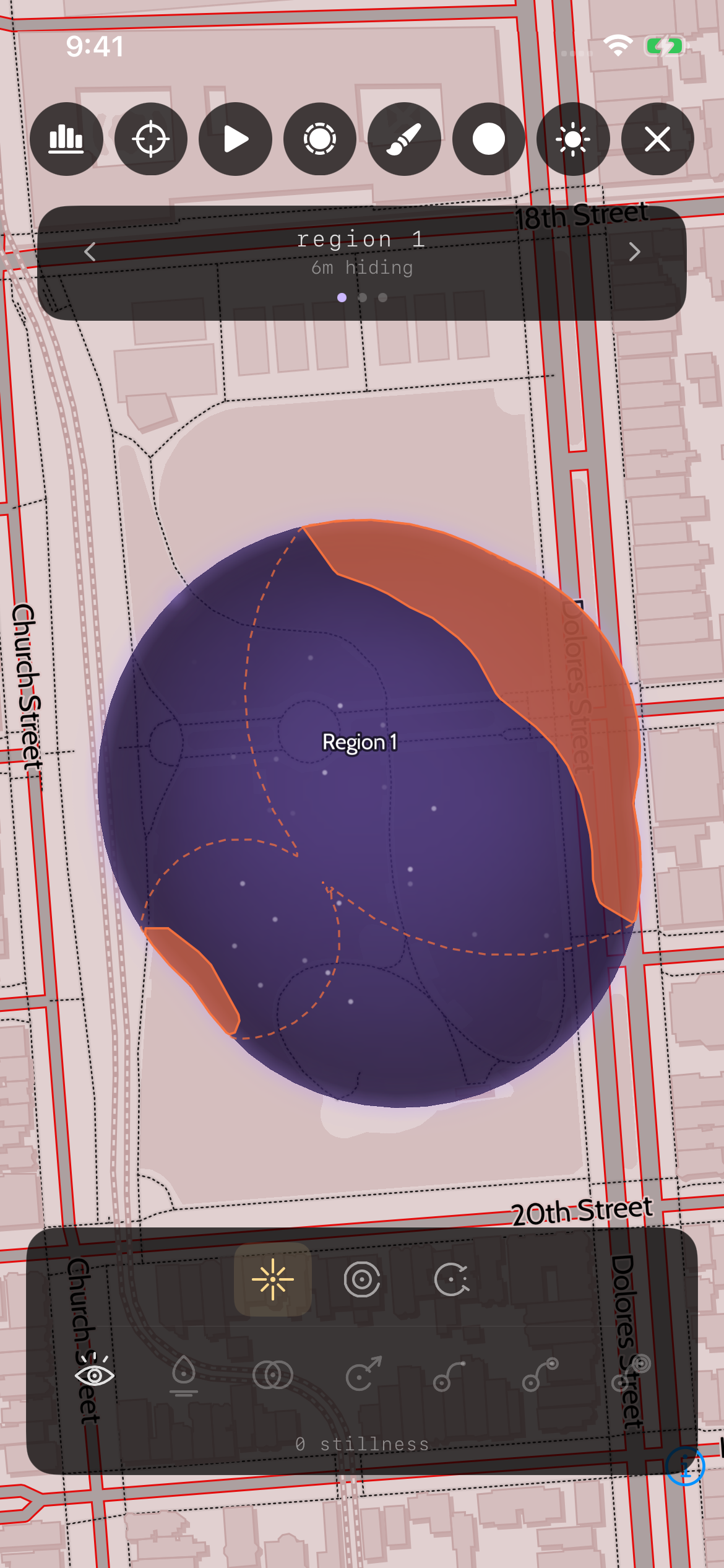 Current iOS map with pink streets, territory, playback and light/dark controls