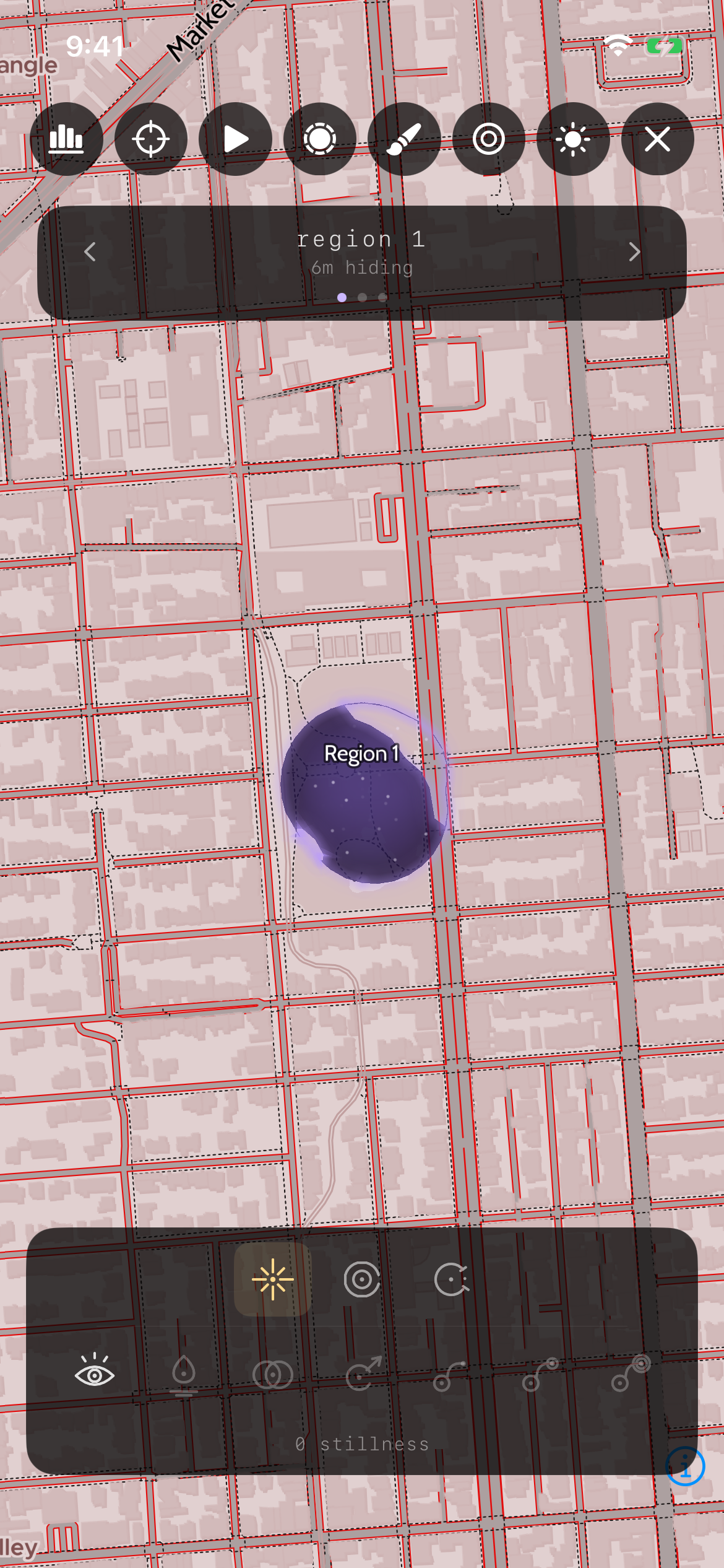 Wider iOS held-territory view showing the ground you control within the surrounding neighborhood